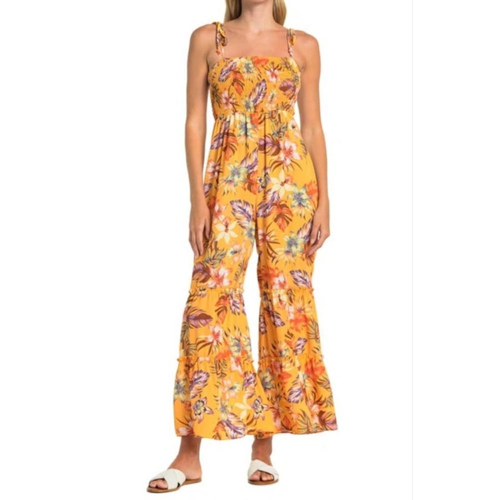 Inspired Hearts Size L Smocked Tiered Jumpsuit Mustard Tropical Floral